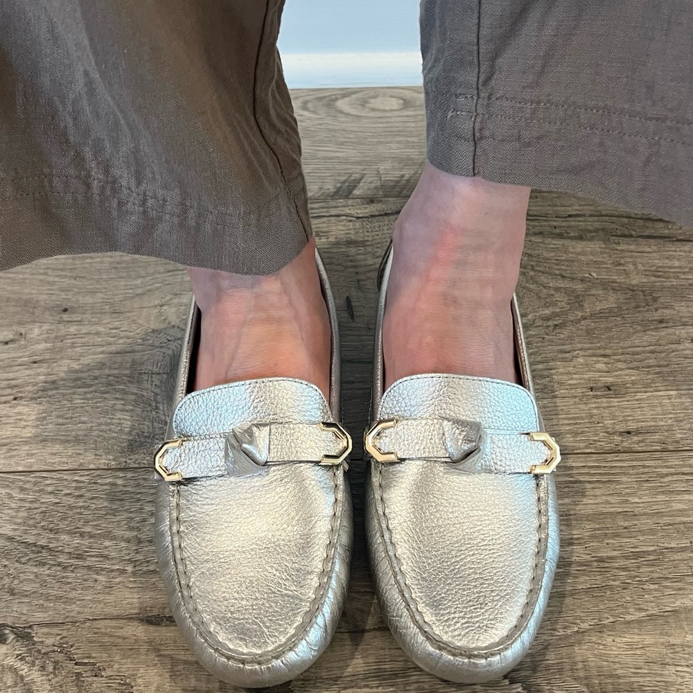 Cole Haan Silver Loafers with Gold Accents